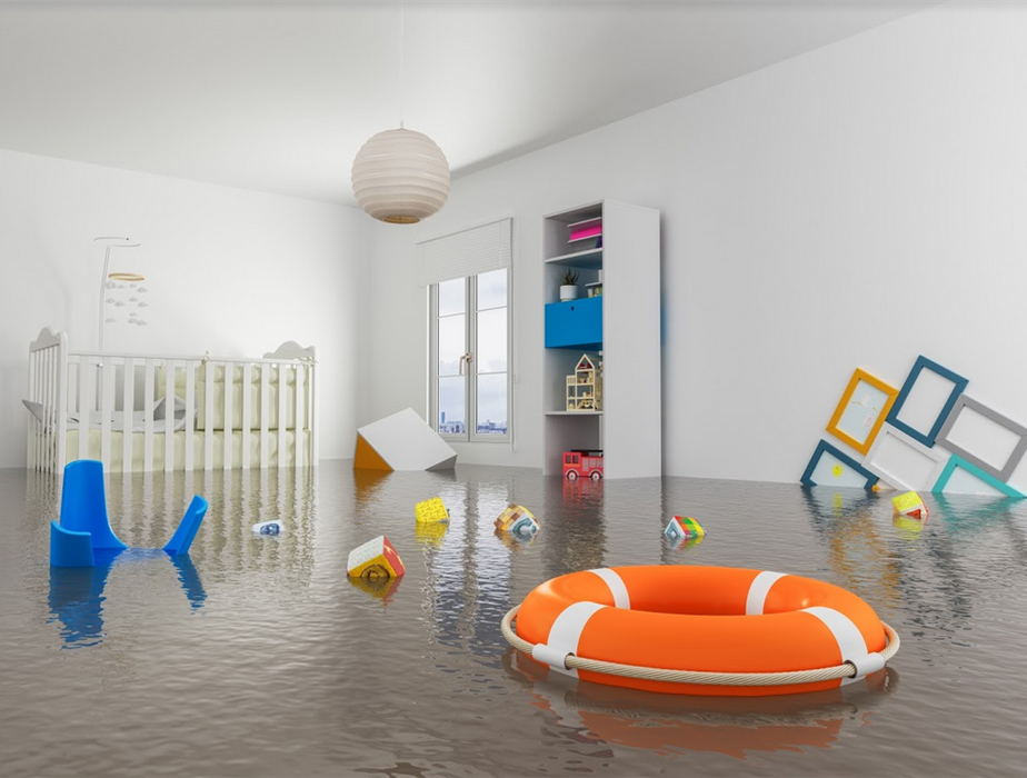flooded nursery with items floating